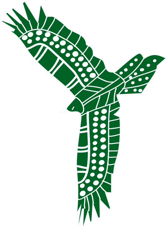 Ornate, stylized green bird in flight, patterned with white dots, against a black background.
