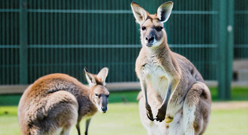 Two kangaroos, one with a joey, in an enclosure with a green metal fence.