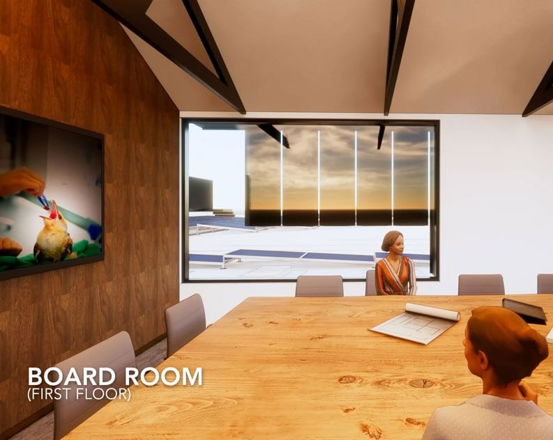 A modern boardroom with a wooden table, several chairs, papers, and two people. A screen displays an image, and large windows reveal a view outside. Text reads Board Room (First Floor).