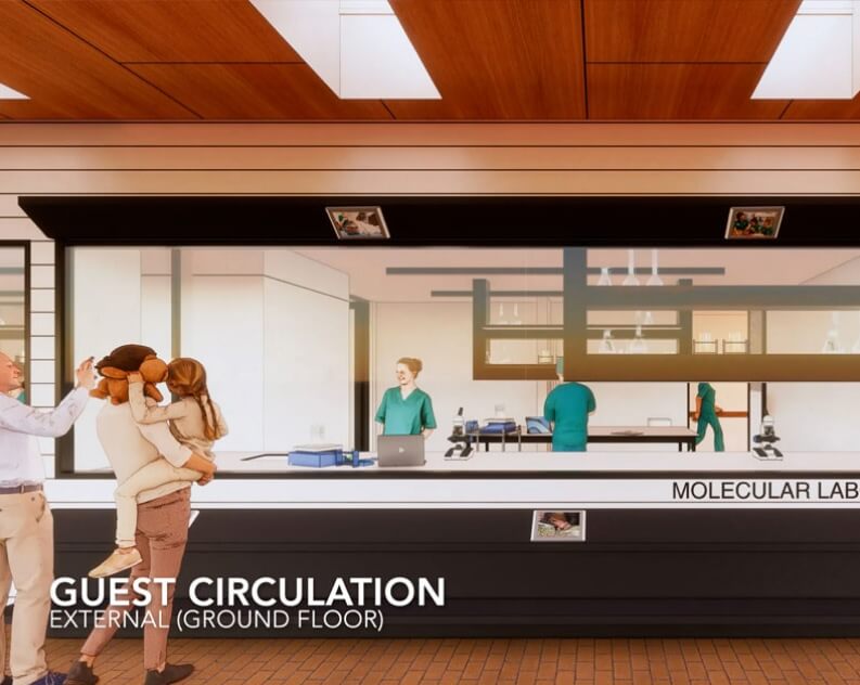 A man holding a child and standing with a woman observes scientists working inside a molecular lab through a large window. The text reads Guest Circulation External (Ground Floor).