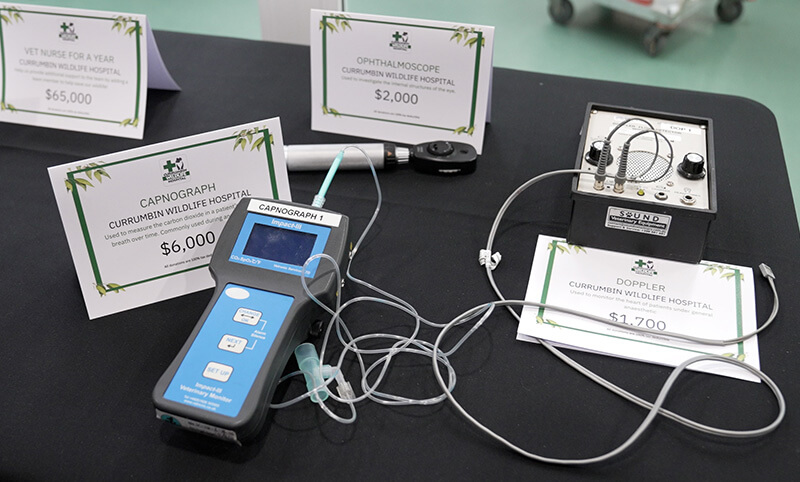 Three medical devices—a capnograph, ophthalmoscope, and Doppler—are displayed on a table with price cards at Currumbin Wildlife Hospital.