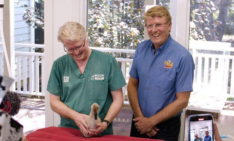 Two men stand indoors; one in green scrubs examines a small animal on a table, while the other in a blue shirt smiles. A camera and phone record the scene.
