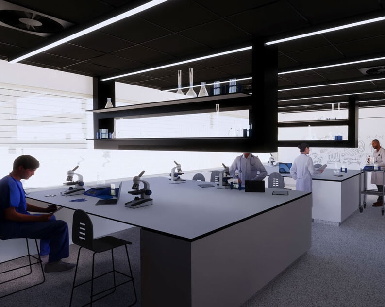 People work in a modern laboratory with microscopes, lab equipment, and shelves holding glassware; natural light enters through large windows.