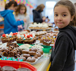A young girl stands at a table filled with various baked goods and treats, with other people in the background.