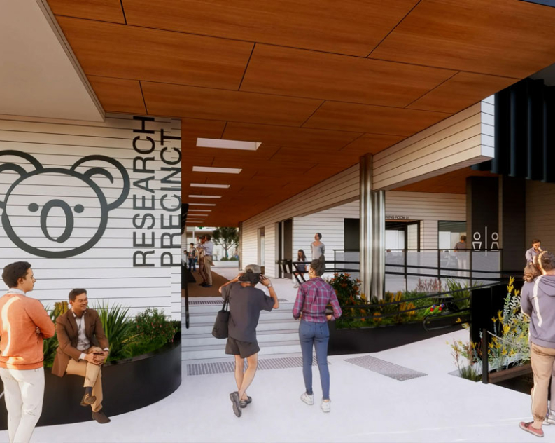 Artist impression of modern wildlife precinct, with people walking and standing on white floor at its main entrance