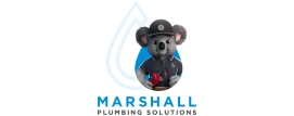 Image and text logo with a comic Koala dressed in plumbing gear sticking out of a water drop and the words Marshall Plumbing Solutions
