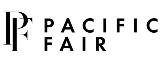 Black logo on white background with letter symbols P and F intertwined next to the words Pacific Fair