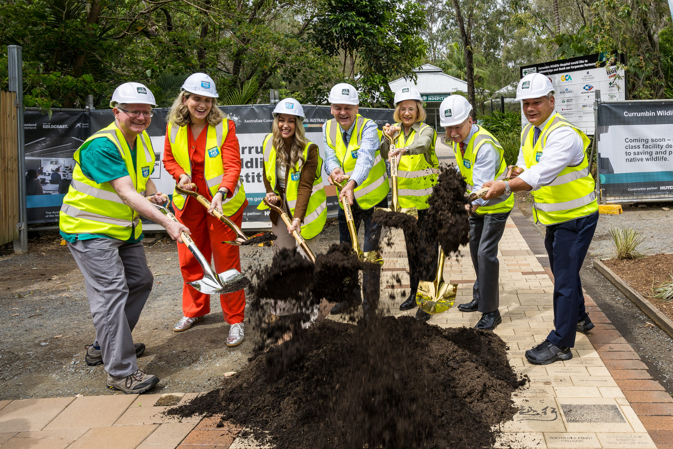 Senior Vet Dr Michael Pyne and NTAQ President Mark Townsend join key government stakeholders to turn the first sod for the world‑class Currumbin Wildlife Institute. Credit: The Palms Agency