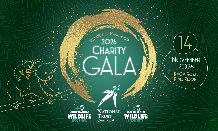 A green and golden graphic. In the centre is the text Wildlife for Tomorrow 2026 Charity Gala surrounded by a golden brush paint circle with three logos on the bottom of it. On the left is a golden Koala illustration and on the right a gold and white overlay saying 14 November 2026 RACV Royal Pines Resort