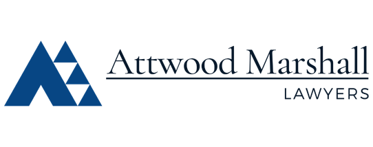 A navy blue and black logo with a triangle icon and the words Attwood Marshall Lawyers
