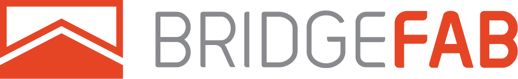 A light grey and orange logo with the words Bridge Fab next to an orange square icon