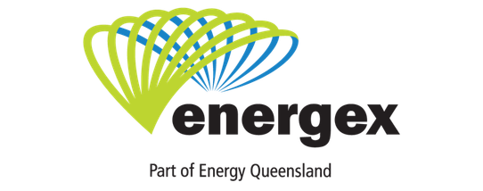 A light green, blue and black logo with a  stripey icon and the words energex part of energy queensland