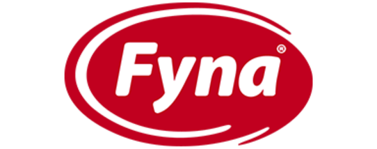 A red and white logo with the words Fyna