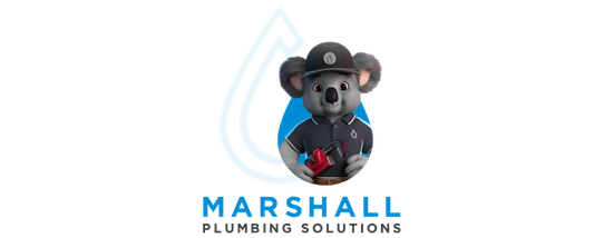 Image and text logo with a comic Koala dressed in plumbing gear sticking out of a water drop and the words Marshall Plumbing Solutions