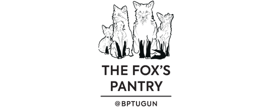 A black and white logo with four fox illustrations followed by the words The Fox's Pantry @BPTugun